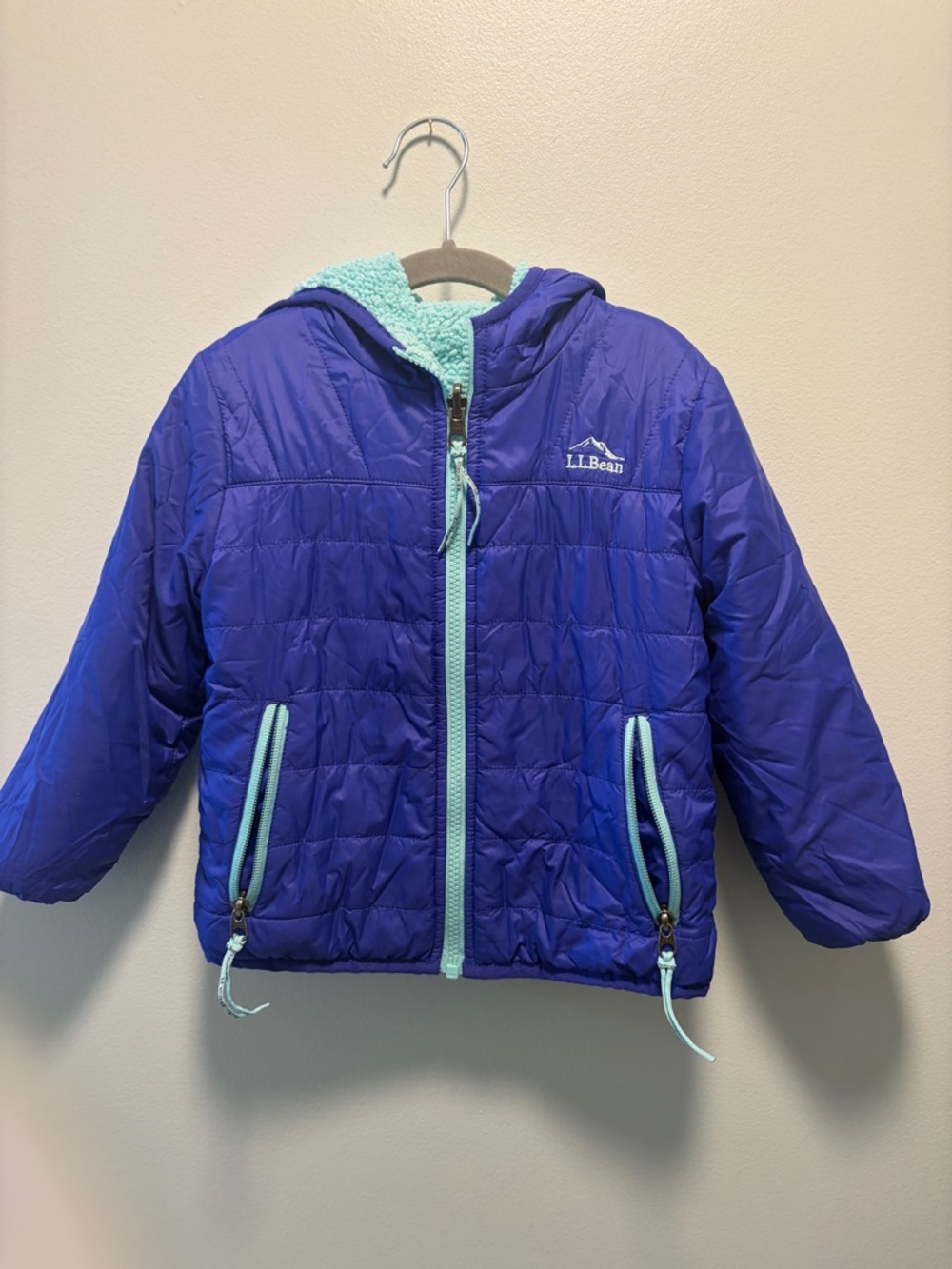 L.L. Bean Girls' Purple Hooded Puffer Jacket with Aqua Trim